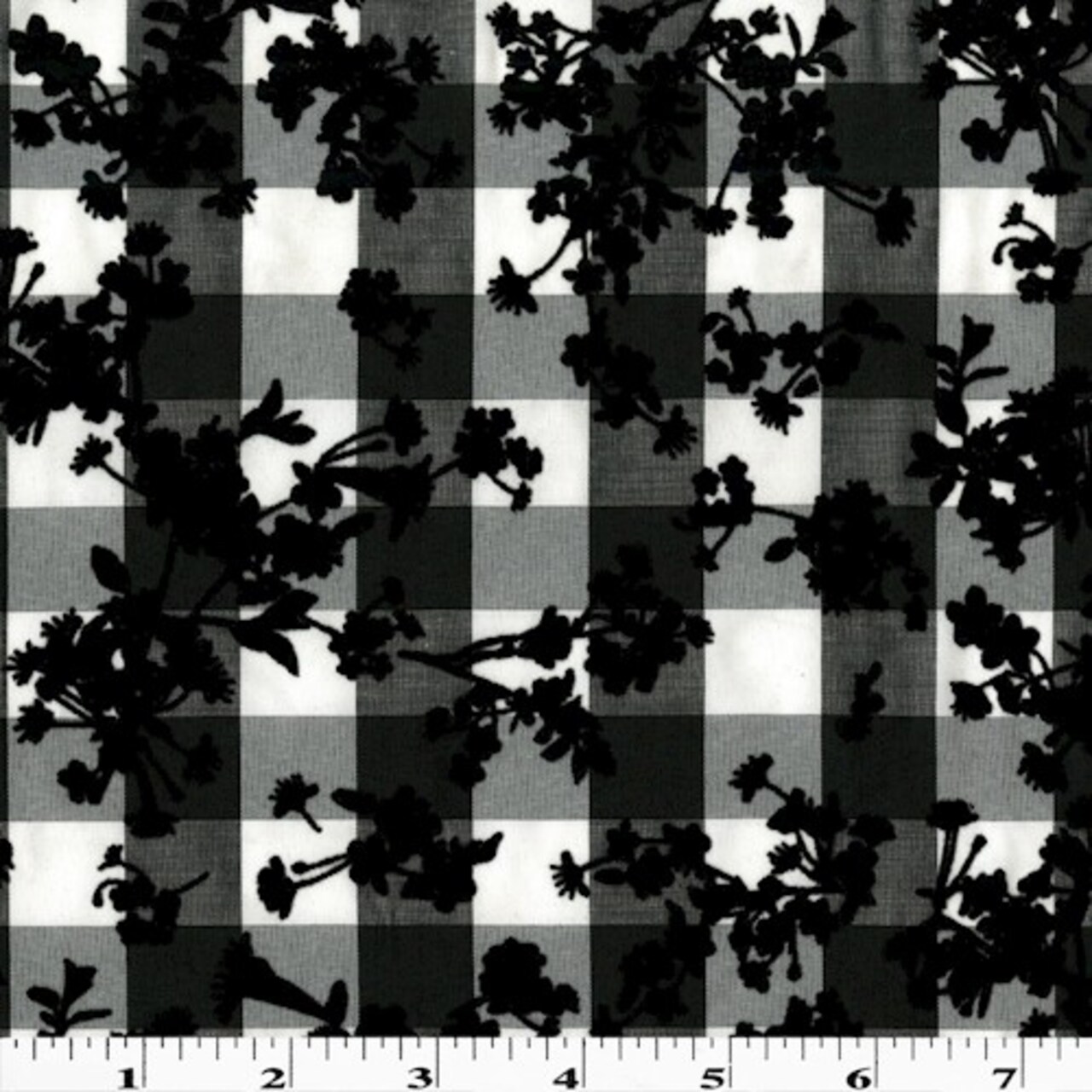Black/White Velvet Flocked Floral Printed Gingham Shirting Fabric By the Yard